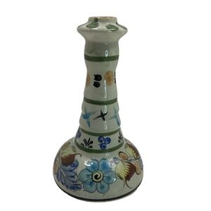 Vtg Mexican Floral Tonala Pottery Candle Stick Folk Art Signed 6 3/8" tall
